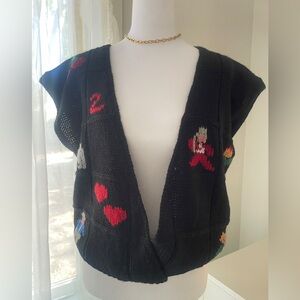 Black‎ Knit Vintage Vest with Colorful Motifs by Alyssa Brooke size L